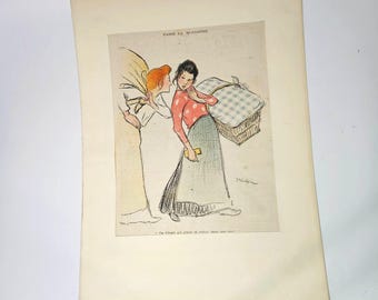 Antique Theophile Steinlen Lithograph from Le Rire Laundry Gossip 1896 France