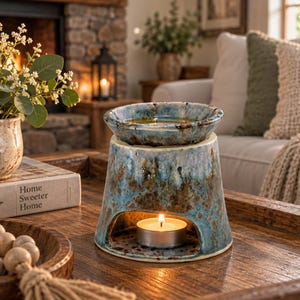 May include: A ceramic wax warmer featuring a mottled blue and brown glaze with a wide base and a top dish. The warmer has a large arched opening at the front containing a lit white tea light candle, creating a warm glow through the ceramic structure.