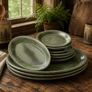 May include: A set of sage green ceramic plates and small dishes with a speckled finish. The collection includes several stacked round plates and a single oval dish resting on top, all featuring a glossy glaze and subtle variations in color tone.