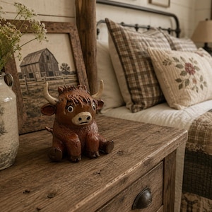 Handmade Highland Cow Pottery Figurine  | Rustic Farmhouse Decor | Ceramic Cow