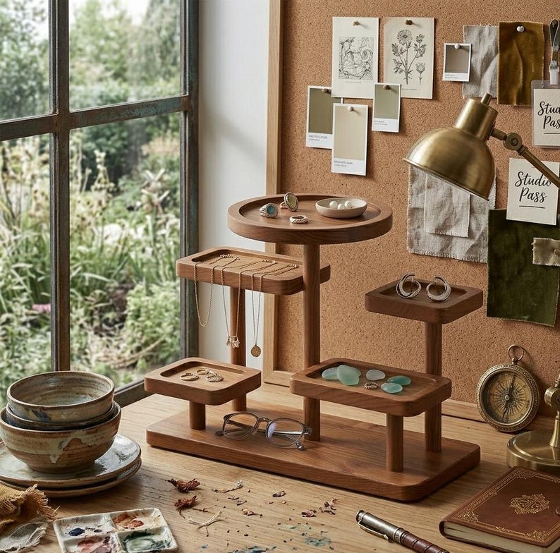 May include: A multi-tiered wooden jewelry display stand with various trays and platforms. The stand holds necklaces, rings, earrings, and other small items. The stand is made of a warm-toned wood and sits on a wooden desk.