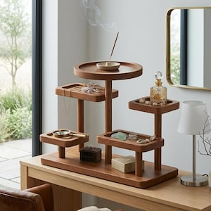 May include: A multi-tiered wooden jewelry and trinket organizer with a round base and several small trays. The organizer has a natural wood finish and holds jewelry, small boxes, and a decorative perfume bottle. An incense stick is lit on the top tier.