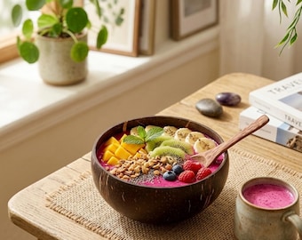 May include: A wooden bowl filled with a vibrant smoothie, topped with fresh fruit, granola, and chia seeds. A wooden spoon rests in the bowl. A matching smoothie in a mug sits nearby on a wooden table.