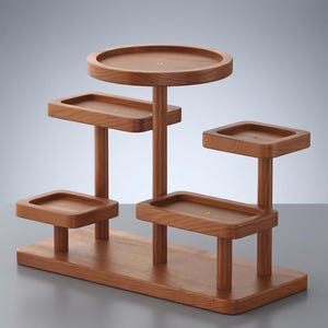 May include: A multi-tiered wooden display stand with a natural finish. It features a rectangular base and several platforms of varying shapes and sizes, supported by cylindrical posts. The stand is designed to showcase items.