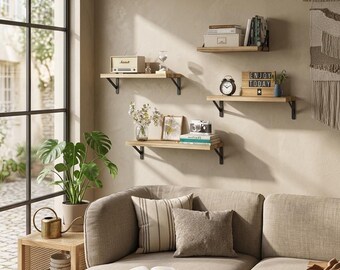 May include: A living room scene with a beige sofa, wooden shelves, and decorative items. The shelves hold books, a vintage radio, a camera, and a clock. The text "ENJOY TODAY" is displayed on a light box. A large window and a potted plant are also visible.