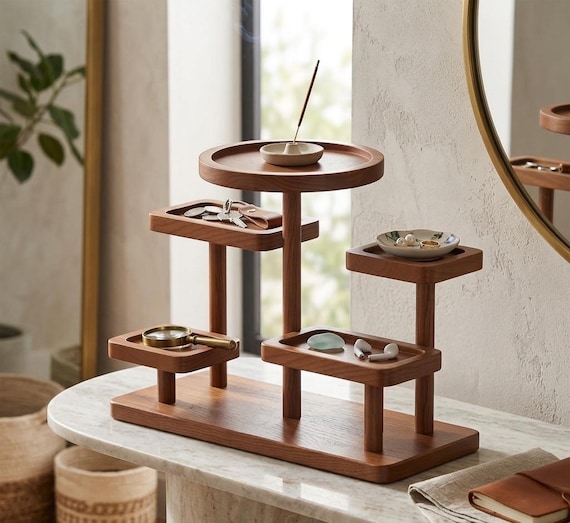 Entryway Key Holder with Hooks | Wooden Jewelry Dish | Rustic Tabletop Organizer | Vanity Storage Decor