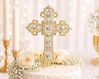 Gold Rhinestone Cross Cake Topper: Wedding, Baptism, Communion Decoration