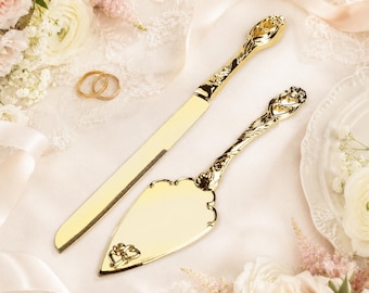 Gold Heart Cake Knife Server Set, Ornate Handles, Wedding Serving Utensils