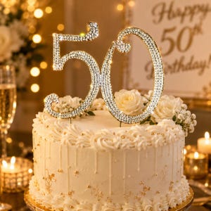 May include: A decorated white cake with a sparkling "50" cake topper. The cake is adorned with white frosting, gold sprinkles, and white roses. The background includes candles, champagne, and a sign that says "Happy 50th Birthday!"