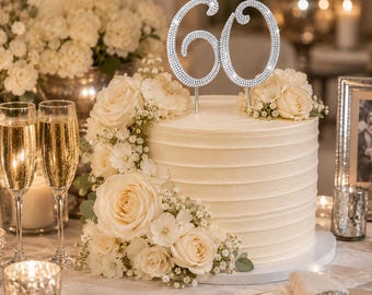Silver Rhinestone Number 60 Cake Topper, 60th Birthday Anniversary Decoration