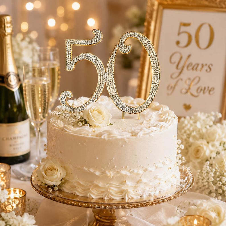 May include: A white frosted cake with a gold cake topper in the shape of the number 50, decorated with rhinestones. The cake is on a gold cake stand, with white roses and a framed sign that reads "50 Years of Love."
