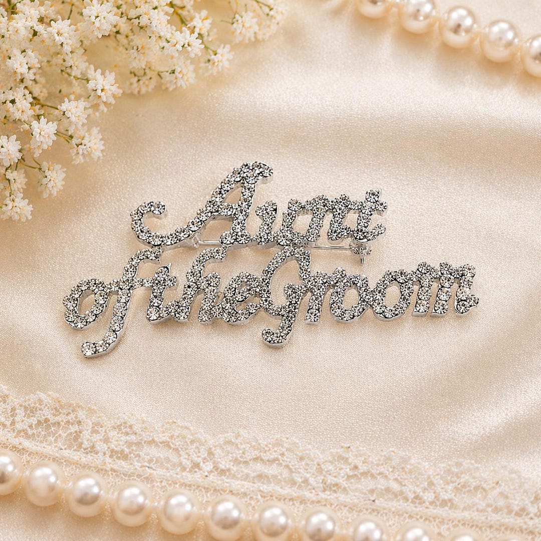 Script Brooch Aunt of the Groom Script Brooch, Crystal Wedding Jewelry, Silver Tone ...