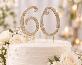 Gold Rhinestone Number 60 Cake Topper, Champagne Sparkle Milestone Decoration