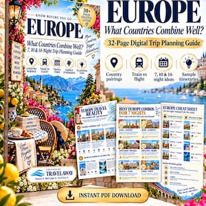 Peut inclure: Un guide de voyage numérique de 32 pages pour l'Europe, incluant des itinéraires, des suggestions de pays à combiner et des conseils de transport. Le document propose des fiches pratiques pour des séjours de 7 nuits et des comparatifs.