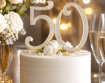 Gold 50 Rhinestone Cake Topper, 50th Birthday Cake Decoration, 50th Anniversary Topper, Sparkling Number 50 Cake Topper