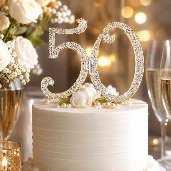 Gold Rhinestone Number 50 Cake Topper, 50th Birthday Anniversary Decoration