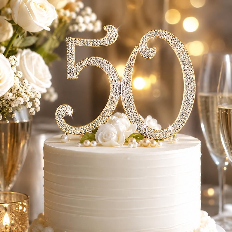 May include: A white frosted cake topped with a gold-colored "50" cake topper encrusted with rhinestones. The cake is decorated with white roses and pearls. Champagne glasses and a candle are in the background.