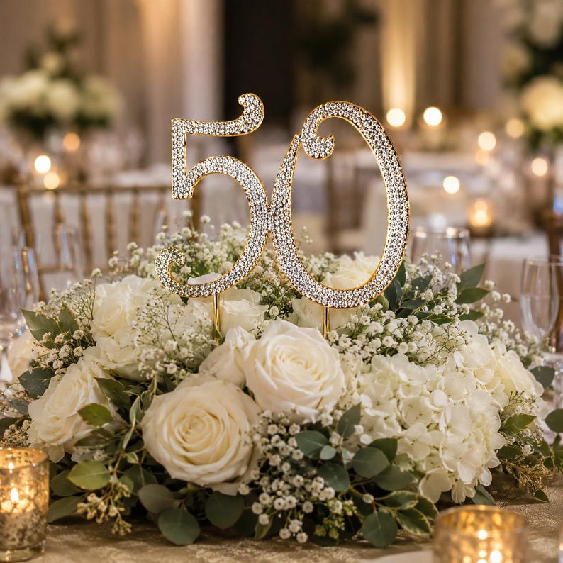 May include: A gold-colored, rhinestone-studded number 50 cake topper. The numbers are set atop a bed of white roses, hydrangeas, and greenery. The arrangement is on a table with candles and other floral arrangements.