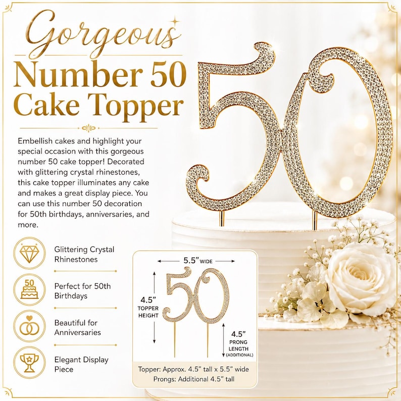 May include: A gold-colored number 50 cake topper, encrusted with glittering rhinestones, is displayed on a white cake. The topper is approximately 4.5 inches tall and 5.5 inches wide, perfect for 50th birthday celebrations and anniversaries.