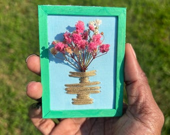 danni little ACEO Handmade green Frame with real Flowers brown vase