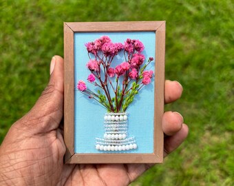 danni little ACEO Handmade brown Frame with real Flowers white beaded vase