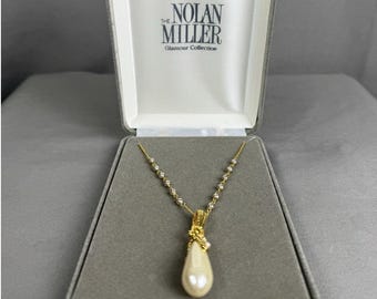 Nolan Miller Glamour Collection Necklace Faux Pearl Teardrop Gold Tone With Box