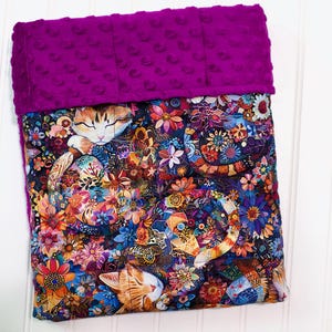 Whimsical Floral Cat Weighted Blanket: gift for her, Birthday Gift, cat lover, ADHD, Autism, glass beads, sleep, anxiety