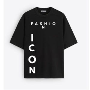 May include: Black short-sleeved t-shirt with the words "FASHION ICON" printed in white. The text is arranged vertically and horizontally on the front of the shirt. The shirt has a crew neck.