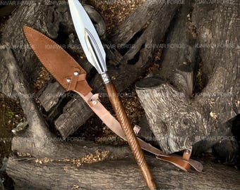 Handgemaakte Vikingspeer – koolstofstalen speerpunt met leren schede | Noors wapen | Middeleeuws decor | Verzamelaarscadeau voor vriend en bruidsjonkers