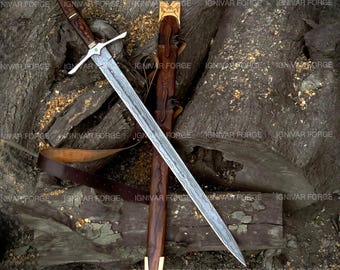 Hand-Forged Elven Longsword 42" Damascus Steel Blade – Walnut Handle with Emerald Accents Fantasy Sword with Scabbard – Collector Gift