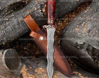 Handgemaakte Athame-dolk 14" damaststalen mes – fantasiemes met regendruppelpatroon met schede – verzamelcadeau voor vriend en bruidsjonkers