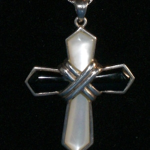 Kruis - sterlingzilveren hanger met onyx en parelmoer aan ketting - vintage - gratis verzending
