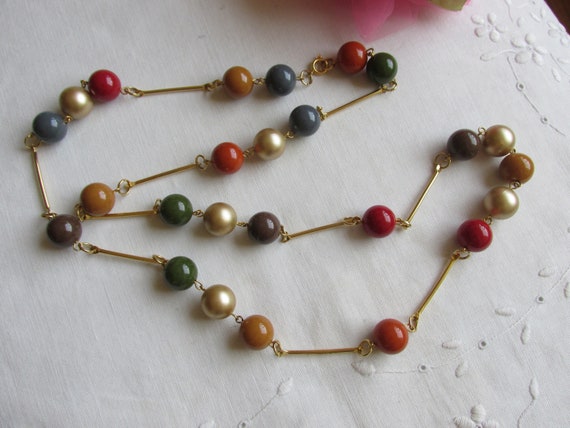 Bead Necklace - Multi-colored with Gold Bar Links… - image 2
