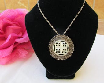 Sterling Silver and Mother of Pearl Pendant on Sterling Silver Chain - Vintage - Free Shipping