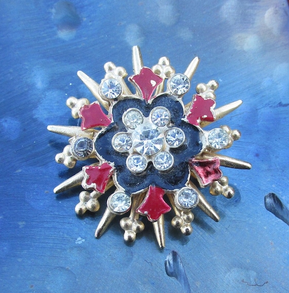 Brooch with Red and Black Enamel and Rhinestones -