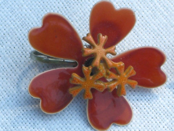 Flower Earrings - Orange Enameled Clip On Earring… - image 2