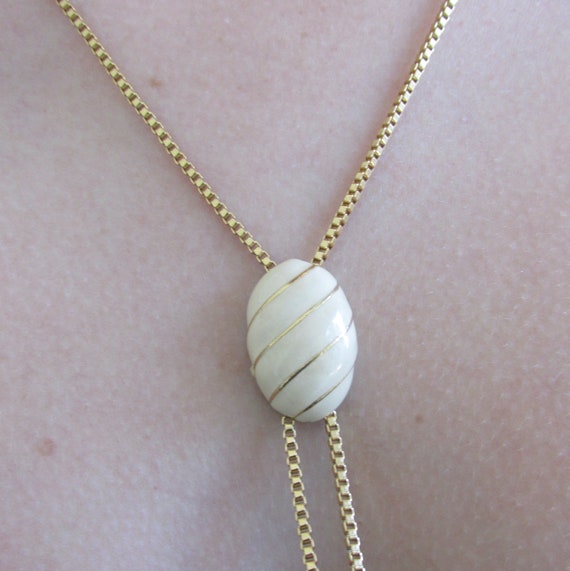 Necklace - Gold Tone Box Chain with Cream Enamele… - image 1