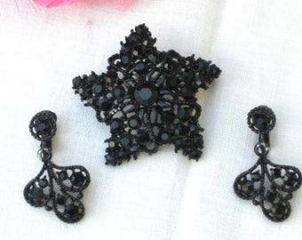 Brooch and Earrings - Black Filigree with Black Rhinestones - Vintage