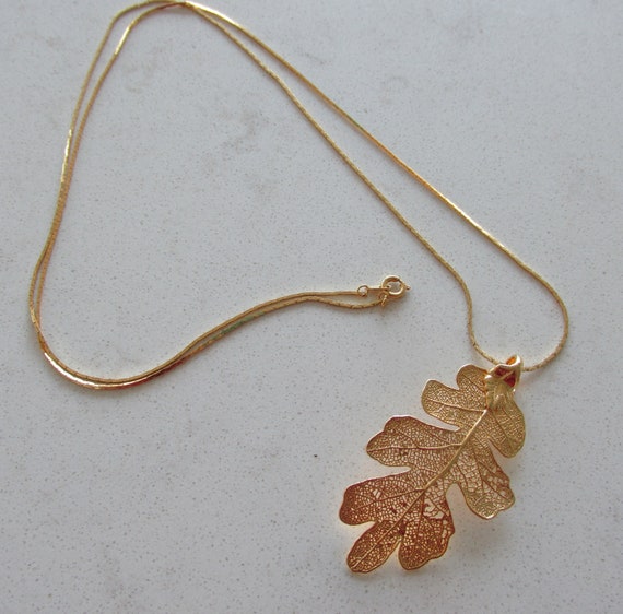 Gold Dipped Leaf Pendant on Chain - Vintage - image 2