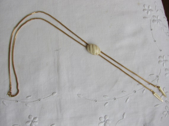 Necklace - Gold Tone Box Chain with Cream Enamele… - image 3