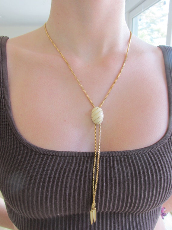 Necklace - Gold Tone Box Chain with Cream Enamele… - image 2