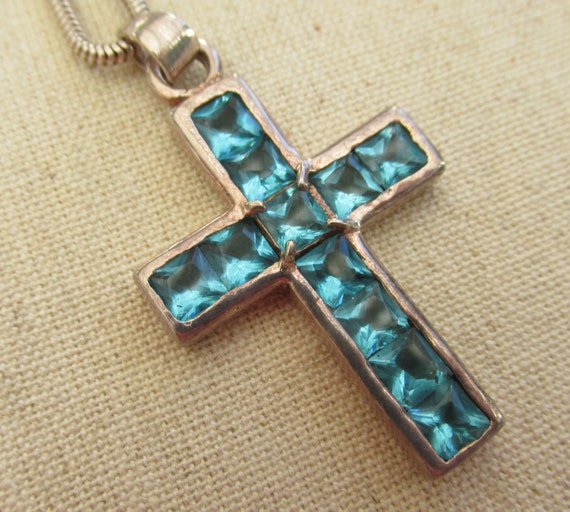 Sterling Silver Cross with Blue Stones on Sterlin… - image 1