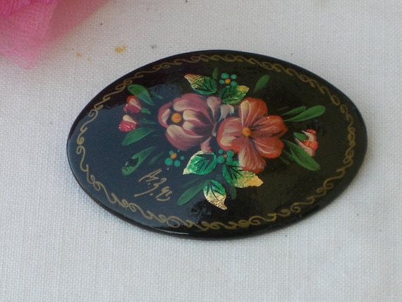 Brooch - Russian Lacquer Hand Painted Flowers - Vi