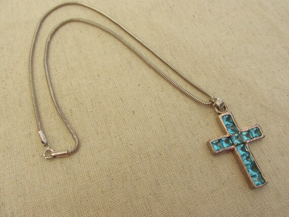 Sterling Silver Cross with Blue Stones on Sterlin… - image 2