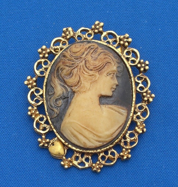 Cameo Brooch - Plastic  in Gold Tone Frame - Vinta