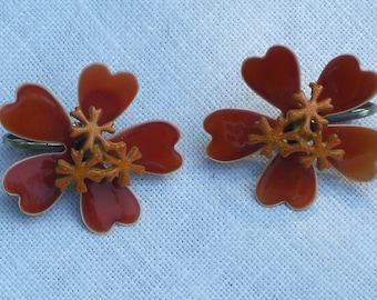 Flower Earrings - Orange Enameled Clip On Earrings - Vintage