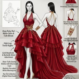 Puede incluir: Ilustración en acuarela de un vestido de noche rojo rubí. El vestido presenta volantes escalonados asimétricos, cuentas doradas y un adorno de cintura de mariposa. Incluye un corpiño de tul transparente y un cuello halter. Colección Nur Öz.