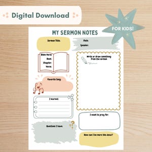 Può includere: Un foglio stampabile scaricabile digitalmente intitolato "My Sermon Notes" per bambini. La pagina include sezioni per il titolo del sermone, il versetto biblico, la canzone preferita e spazio per scrivere o disegnare. Una stella dice "For Kids!"