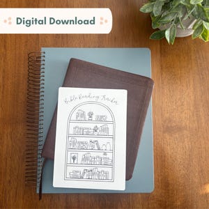 May include: A digital download featuring a Bible Reading Tracker with a bookshelf design. The tracker is on top of a brown leather-bound book and a blue spiral notebook. The text "Digital Download" is at the top.