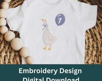 Goose First Birthday Embroidery Design | Balloon Sketch Style (Digital Download)